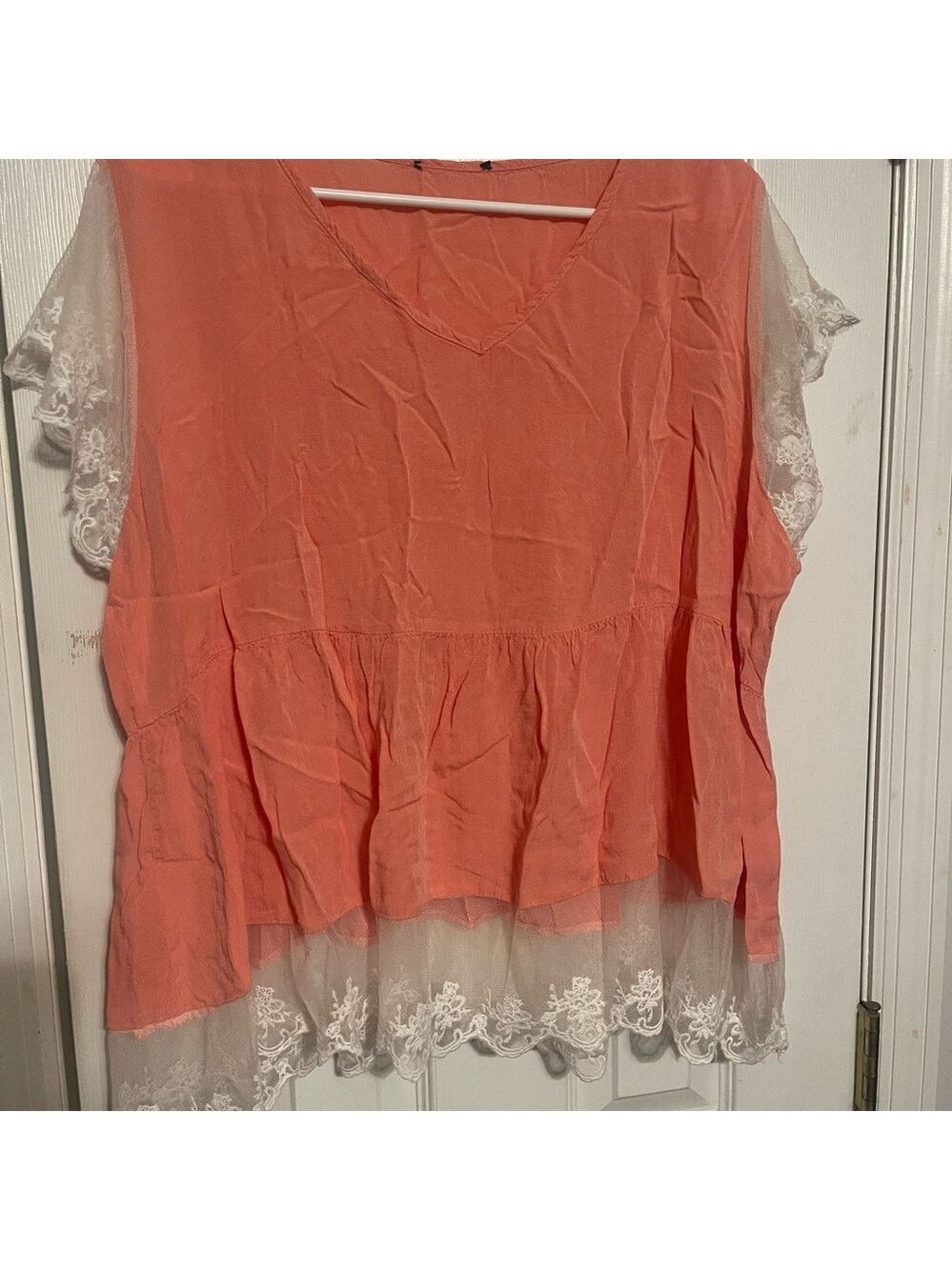 Orange Pink Boxy Cap Sleeve Embellished Blouse Large